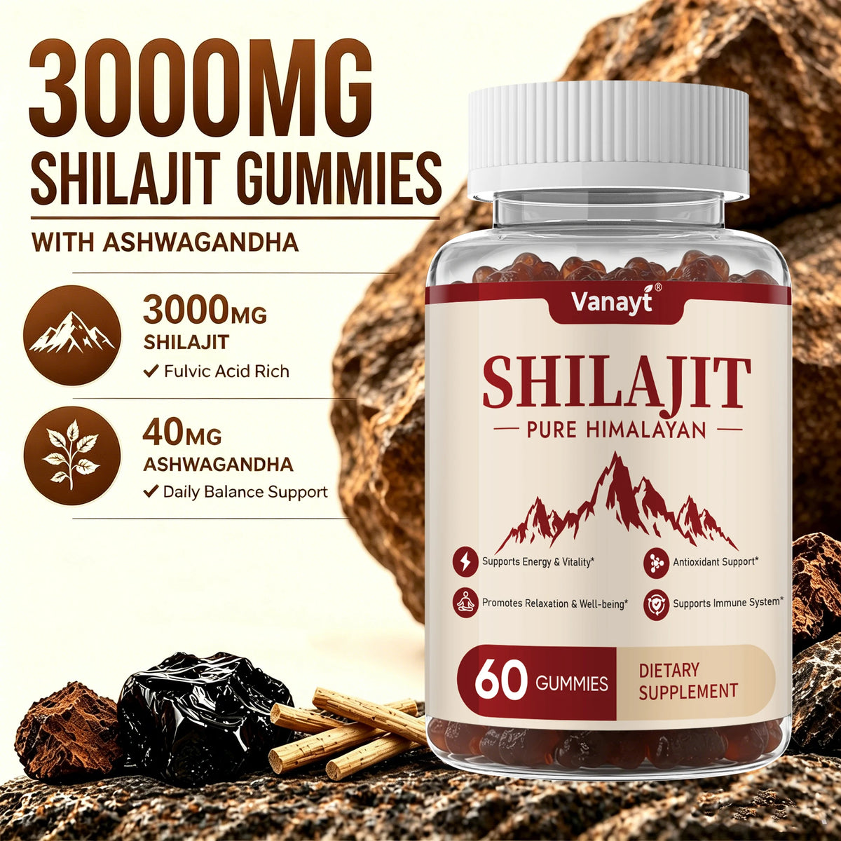 Himalayan Shilajit Gummies — with Ginseng & Ginger, 60 Count